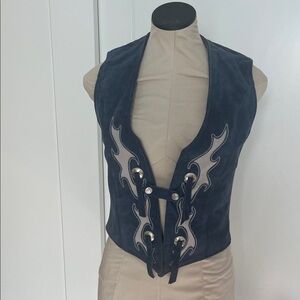 Vintage Blue Suede Western Vest with Flame Design